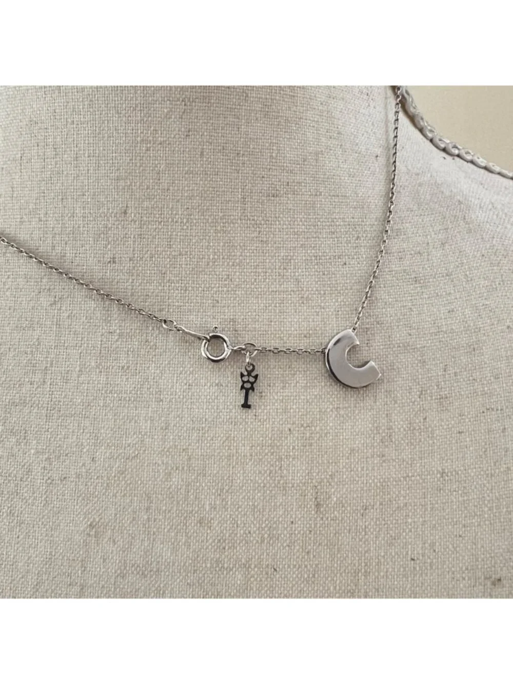 Vintage Trifari Letter C Initial Necklace, Silver Tone Minimalist 15